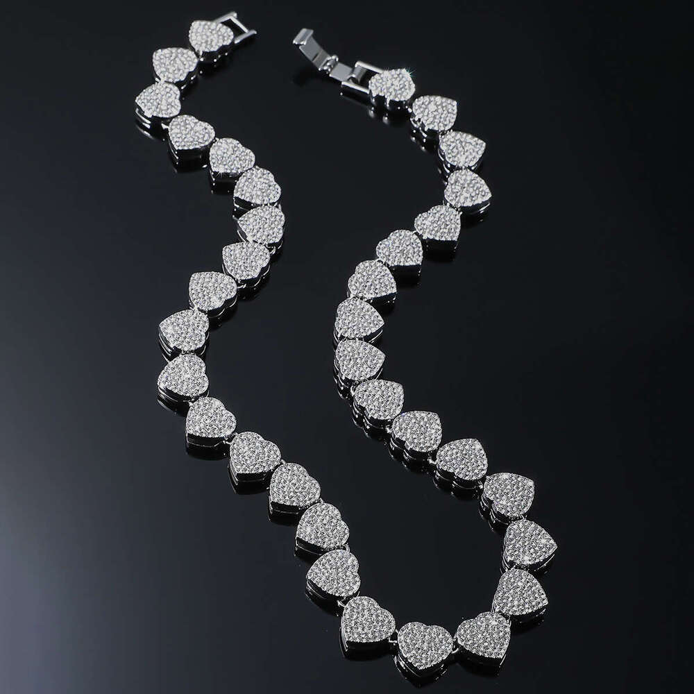 New Heart-Shaped Full Dia Cuban Necklace Hip-Hop Style Bracelet Trendy Men's Punk Jewelry