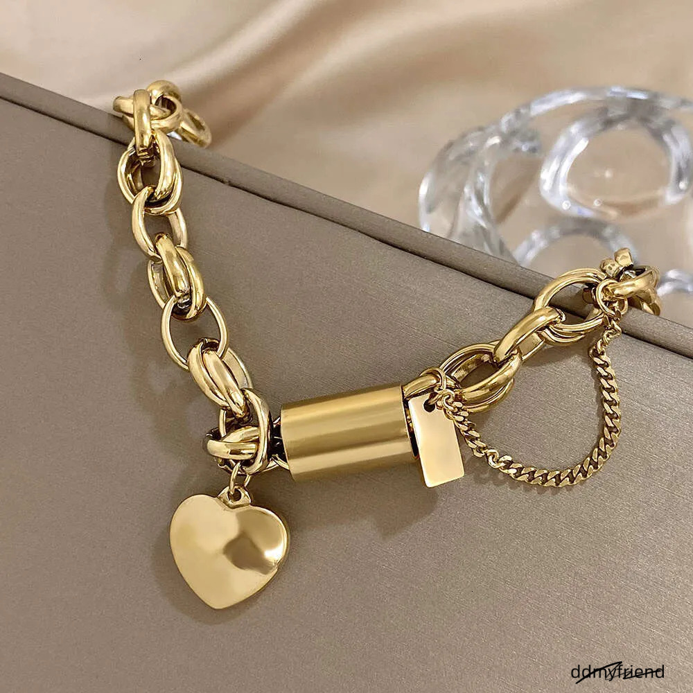 Punk Chunky Gold Color Thick Chain Stainless Steel Bracelets For Women Fashion Design Heart Love Pendant Wrist Jewelry Gift ddmyfriend