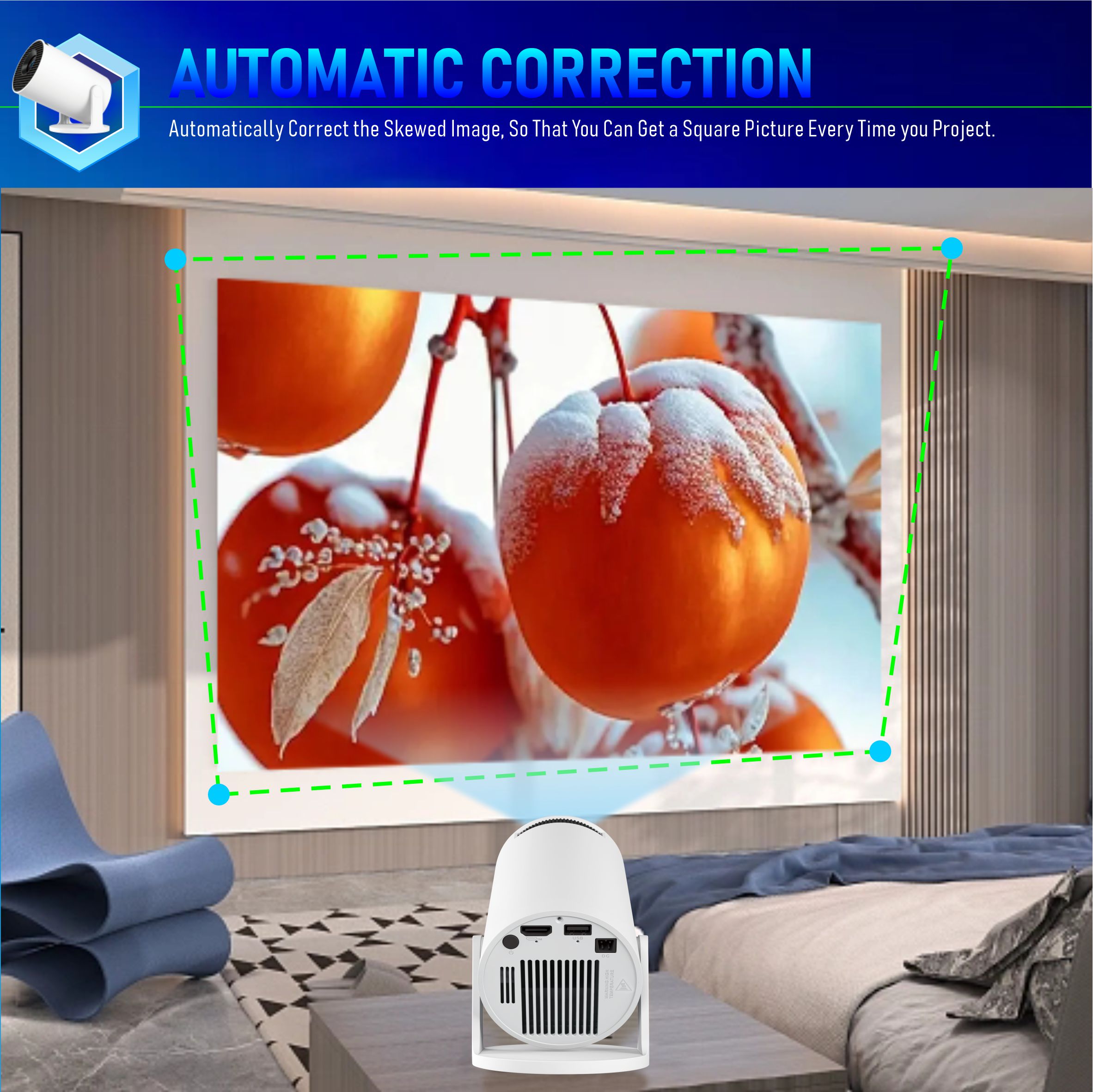 2025 Portable Projector BT 5.0 Android 11.0 With 2.4/5G 200 ANSI WiFi6 1280*720P 8GB Round Design Movie Projector 40"- 130" Screen, 180° Fli