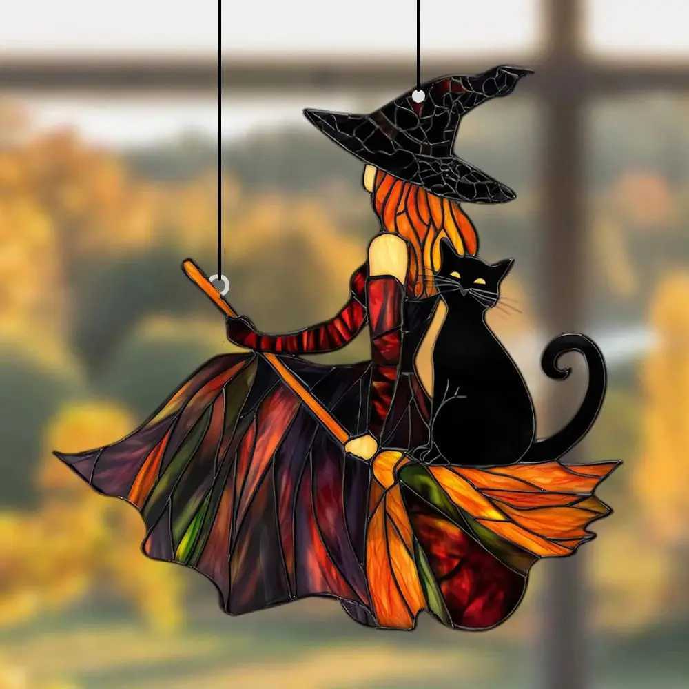 Gothic Acrylic Witch Black Cat Suncatcher Halloween Window Decoration Wind Chime Broom Witch Hanging Ornament for Home Party C250919