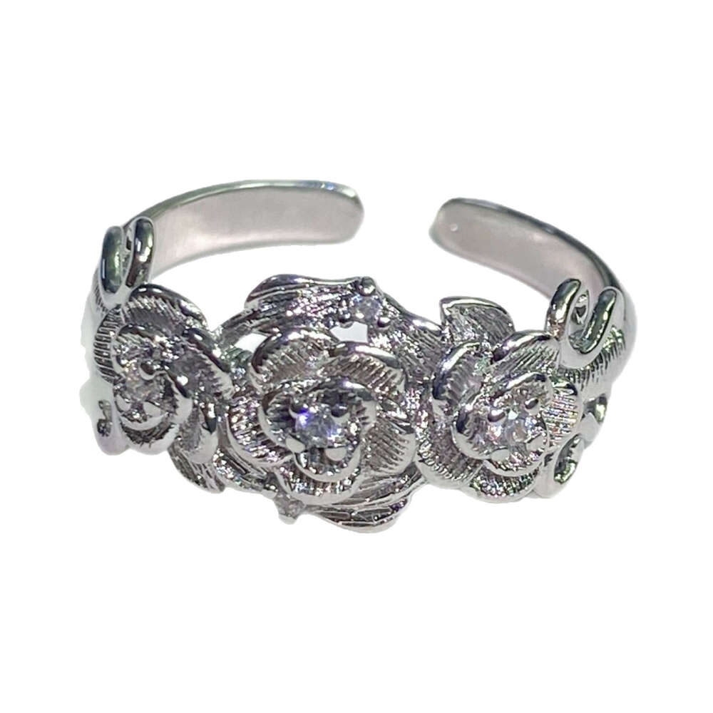 French Vintage Brushed 3D Rose Flower High-End Light Luxury Niche Open Index Finger Ring