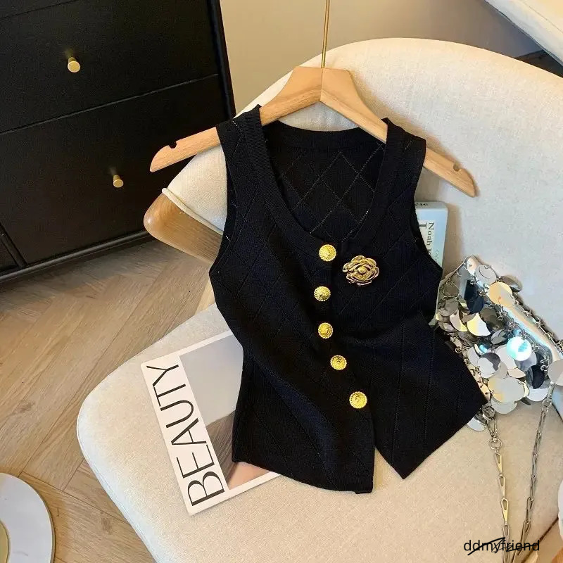 Women Clothes Stylish Vintage Elegant Y Chic Hollow Button Knitted Vest Summer V Neck Sleeveless Black White Slim Tank Tops 250718 ddmyfriend