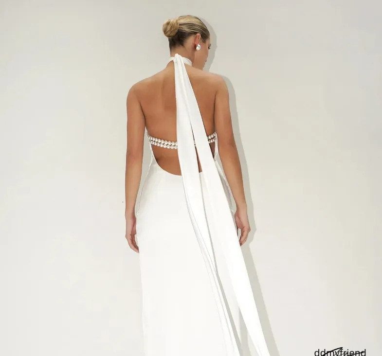 Casual Dresses Chic Women Celebrity Sexy Backless Halter Pearl Black White Maxi Long Bodycon Dress Elegant Evening Club Party Outfit ddmyfriend