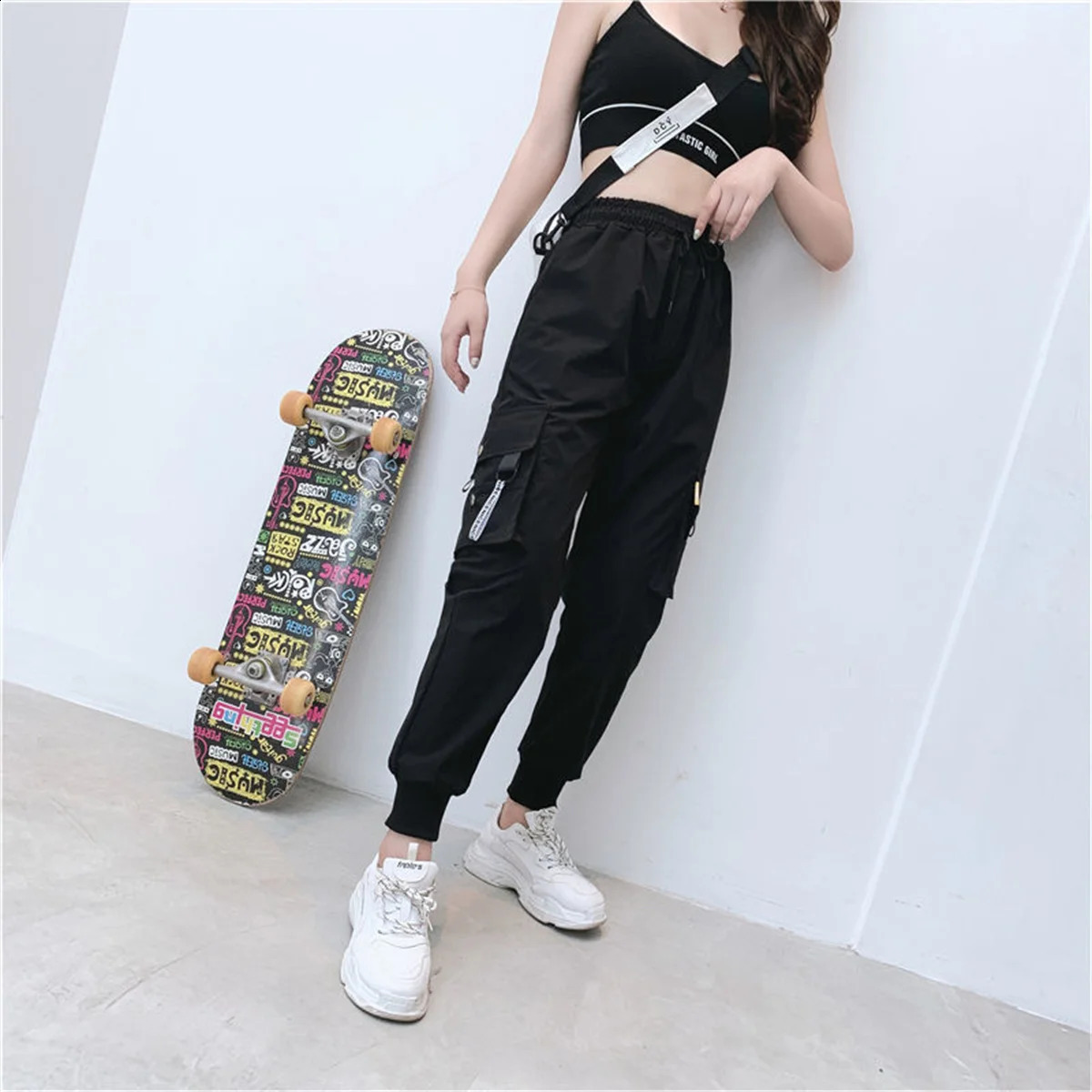 Black Cargo Pant Casual Joggers High Waist Loose Female Hip Hop Trousers Korean Punk Funny Streetwear Femme 250917