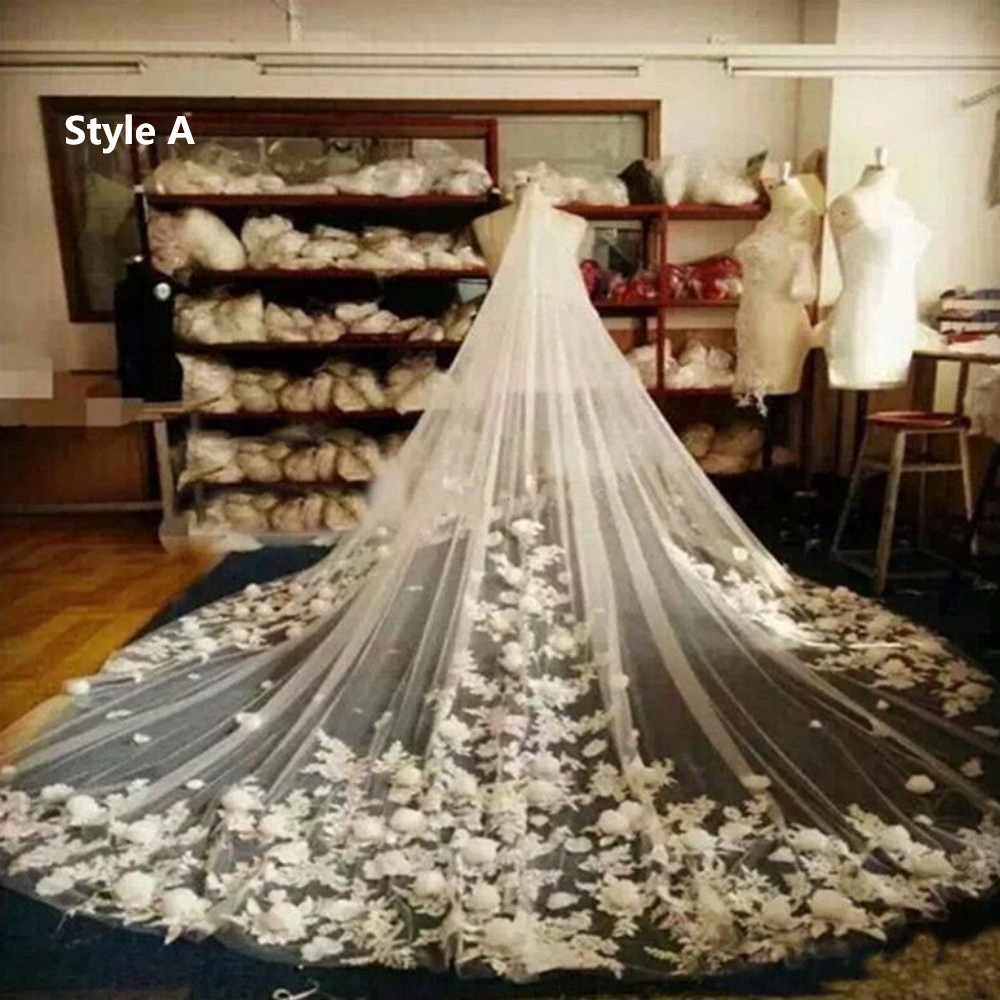 In Stock ! Velos De Novia 3D Flower Applique Cathedral Wedding Veil With Comb Soft Tulle Bridal Accessories A B C