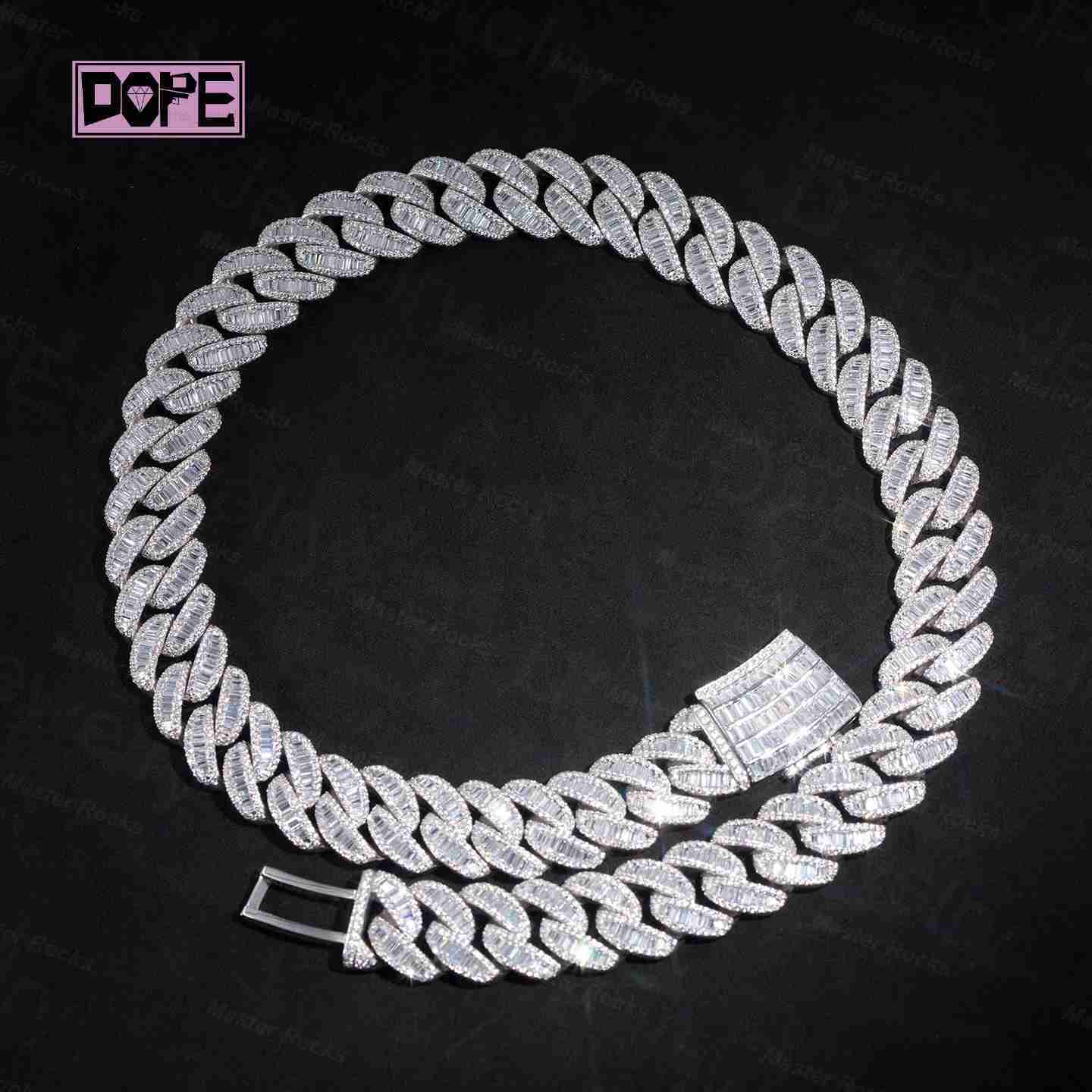 15mm Cuban Link Chain 925 Silver Iced Out Middle Baguette Cut Hiphop Miami VVS Moissanite Cuban Chain