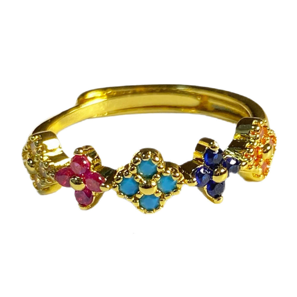 Muzhilai 2025 Lucky Four-Leaf Flower Summer Rainbow Dopamine Colorful Diamond Exquisite High-End Feel Ring