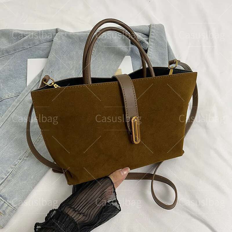Brown Suede Tote Designer Women Bags Shoulder Handbag Roomy Design & Metal Hardware Bag
