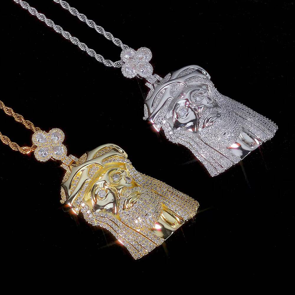 NUOYA Mens Diamond Jesus Head Pendant Necklace Inlaid Silver Gold Plated Christ Face Clover Hook Religious Jewelry