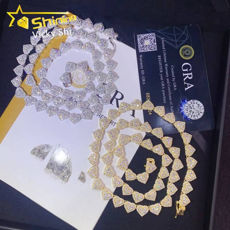 Hot Sale Heart Shape Iced Out Hip Hop Necklace 925 Solid Silver Gold Plated Vvs Moissanite Cuban Link Chain Necklace