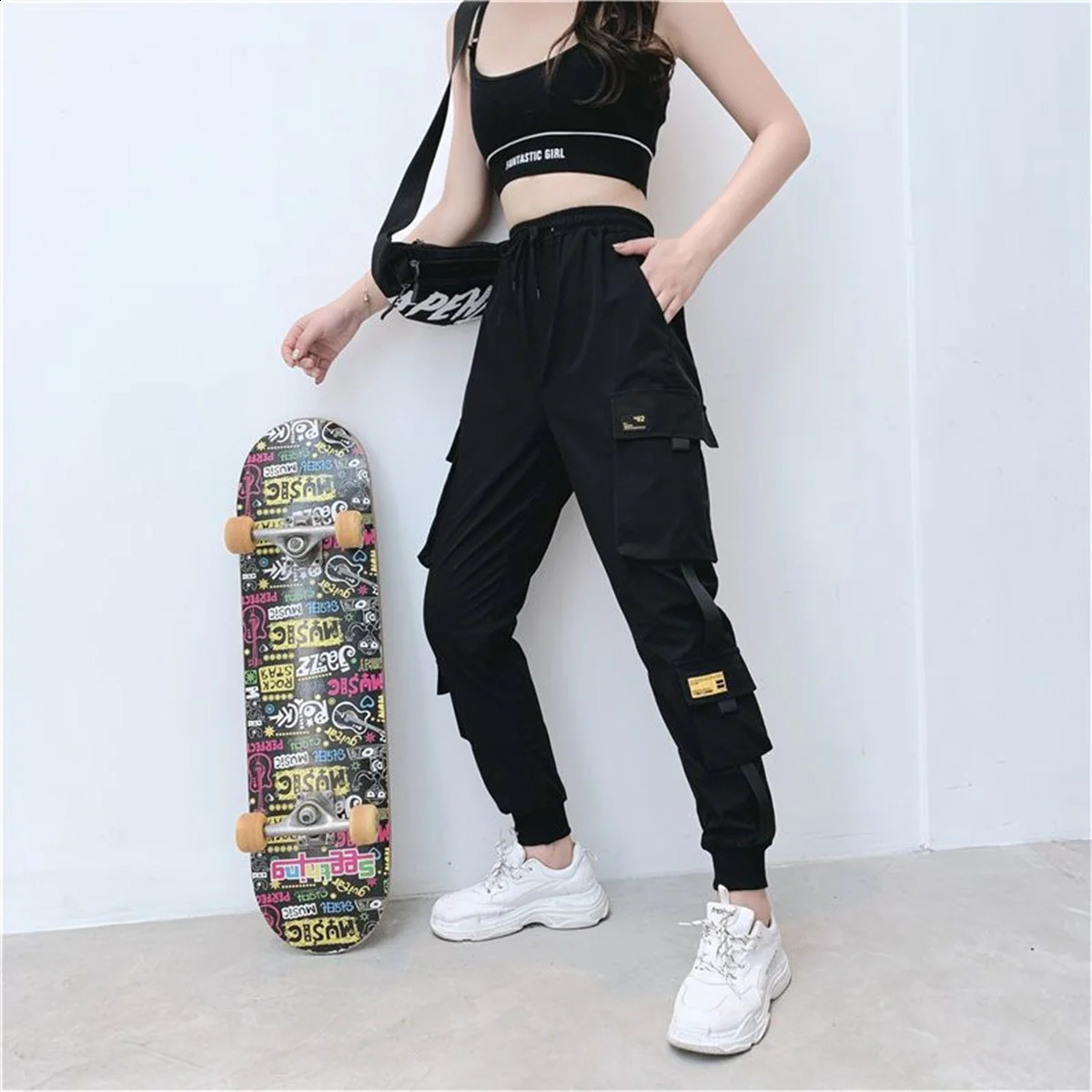 Black Cargo Pant Casual Joggers High Waist Loose Female Hip Hop Trousers Korean Punk Funny Streetwear Femme 250917
