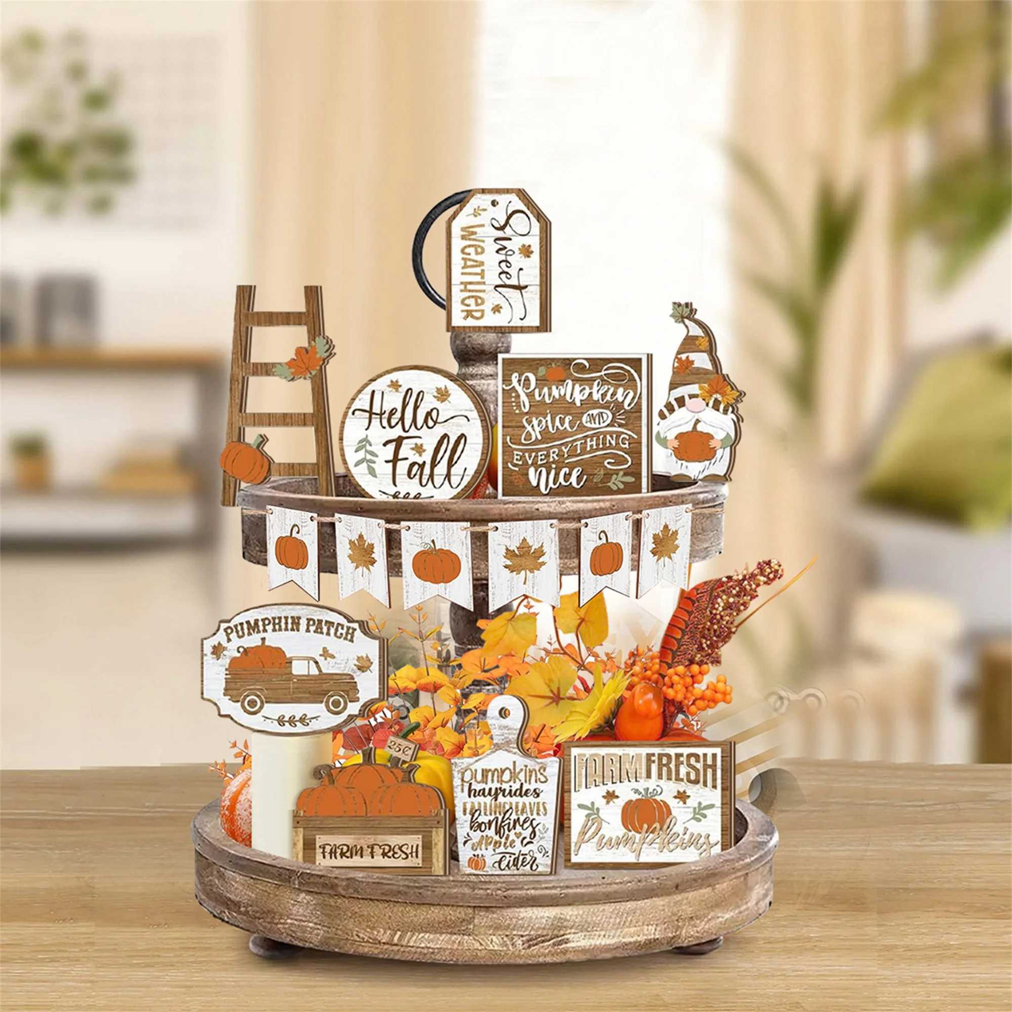 Fall Harvest Wooden Pumpkin and Maple Leaf Table Centerpiece Set of 12 Thanksgiving Tiered Tray Decorations for Home and Party C250919