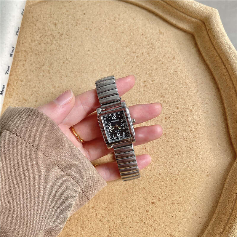 Silver Designer Bracelet for with Elastic Steel Spring Band Luminous Numbers Square Shape Student Metal Chain Watch