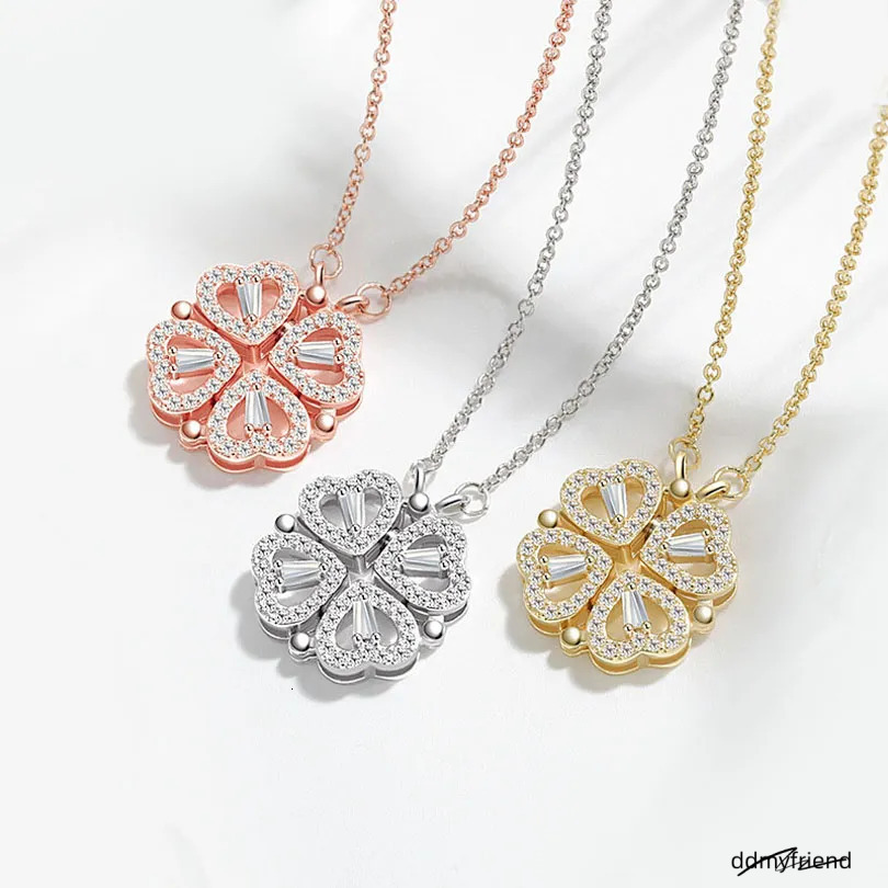 Clover Real Gold Plated Opeanable Four Heart Pendent Austrian Crystal Necklace For Women Creative Design 2 Wearing Ways Wedding Jewelry ddmyfriend
