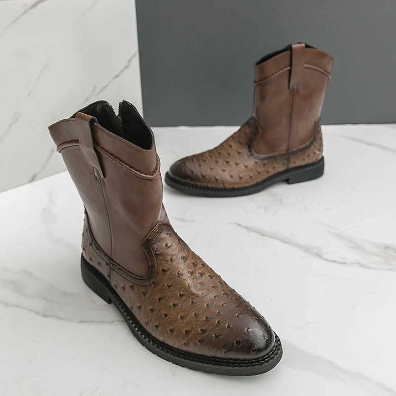 Stylish Designer Mens MidCalf Boots Leisure Cowboy Boots Autumn Winter Ankle Boots Male High Top Shoes Soft Leisure Walk Botas W250919