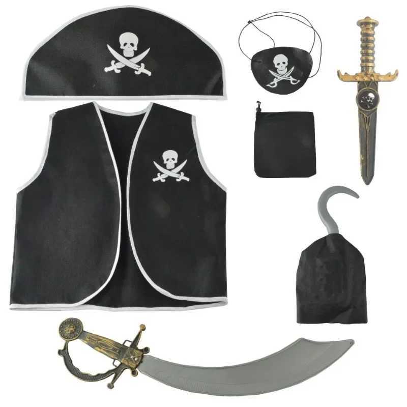 Kids Pirate Costume Black Vest with Eyeshade Hat Pirate Hook and Bag Set for Children Boy Halloween Theme Party Cosplay Dress Up L250918