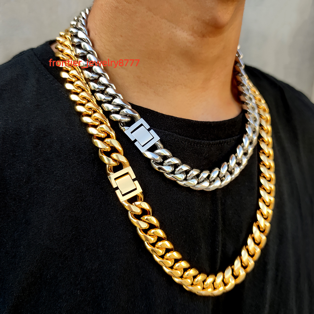 NUOYA Chunky Cuban Chain Necklace 18K Gold Plated Miami Cuban Chain Choker 16mm Width Stainless Steel Chain Necklace for Men