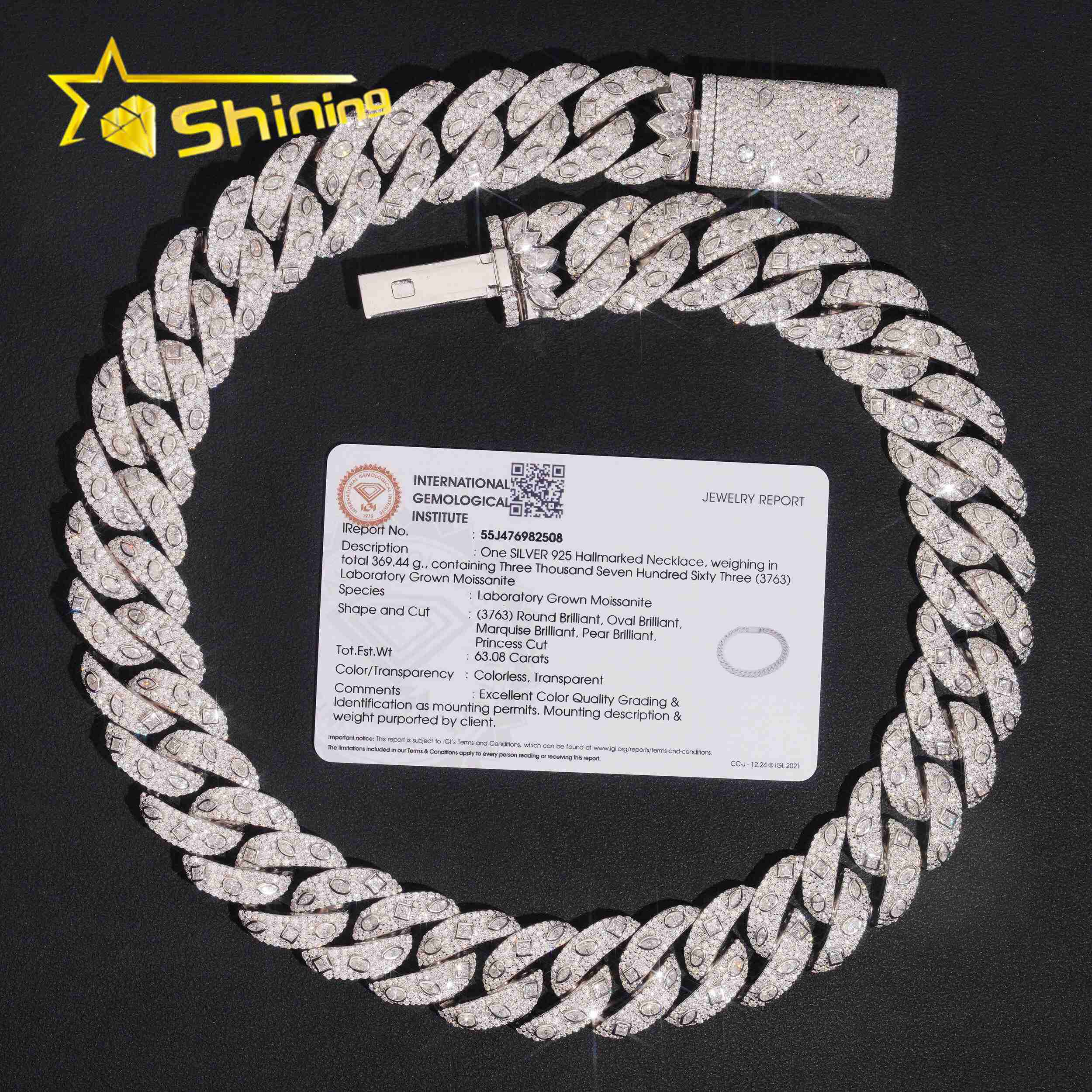 IGI Certificated Fancy Cut Moissnaite 20mm Necklace Iced Out Pass Diamond Test 925 Silver Hip Hop Luxury Cuban Link Chain