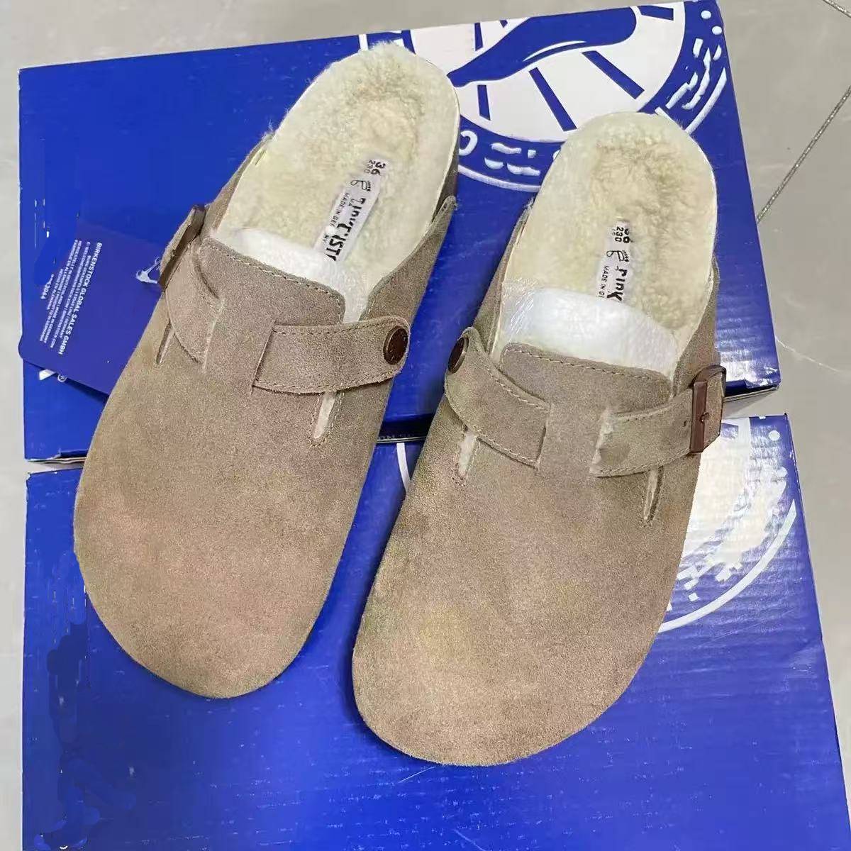 shearling fur slides big size 35-46 Designer Slippers Mens Womens Suede Soft Footbed Taupe nubuck suedue Cork Slides Shoes slippers