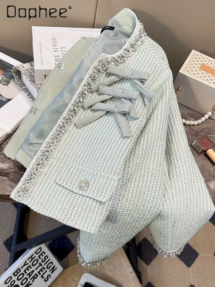 Temperament Fashion Woven Tweed Jacket Spring New Heavy Industry Rhinestone Bow Laceup Jacket Women Spring Highend Short Top Z250918