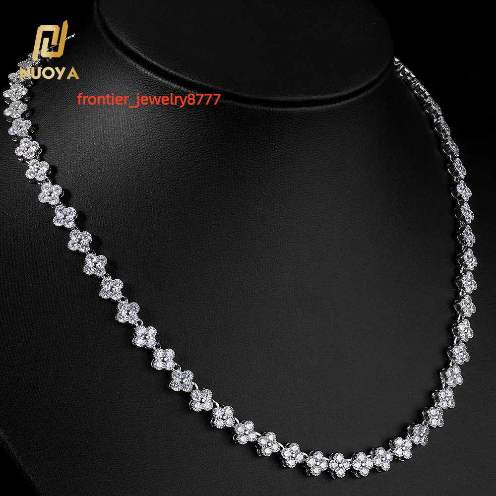 NUOYA Luxury Silver Plated Necklace for Women Four Leaf Clover Plum Blossom Design Iced Out Moissanite Hip Hop Jewelry