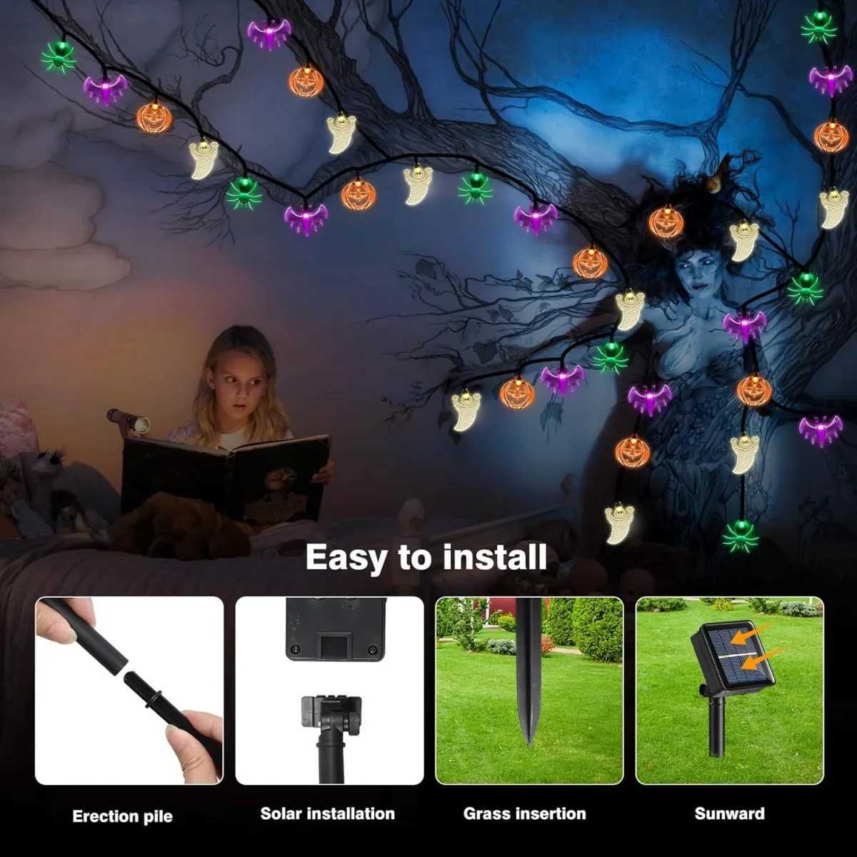 1pc 2030LED Halloween 3D Pumpkin Bat Ghost Spider Solar String Lights With 8 Lighting Mode For Home Garden Halloween Decoration C250919