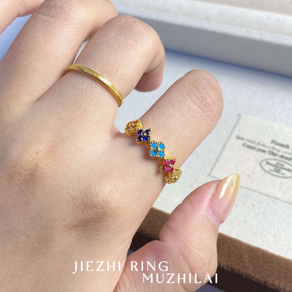 Muzhilai 2025 Lucky Four-Leaf Flower Summer Rainbow Dopamine Colorful Diamond Exquisite High-End Feel Ring