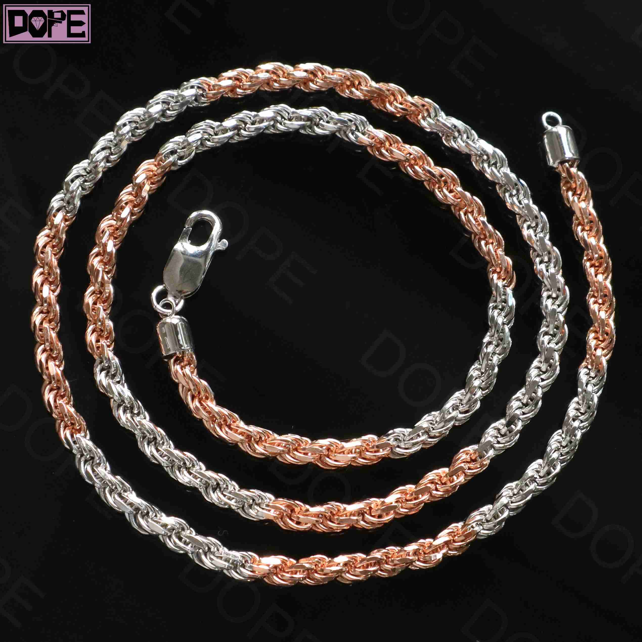 Hot Selling Two Tone 925 Silver Chain 4mm 20 Inch Rose Gold Plated Braided Twisted Chain Hip Hop Rope Chains