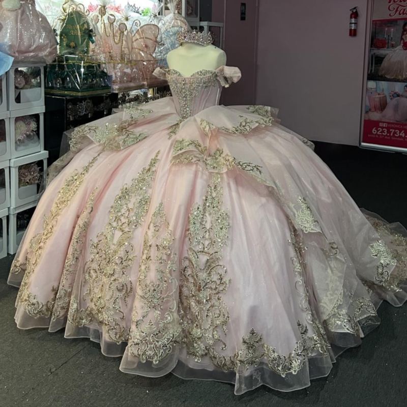 Pink Shiny Quinceanera Dresses Off The Shoulder Applique Lace Beads Tull Party Birthday Sweet 16 Dress Vestidos De 15 Anos