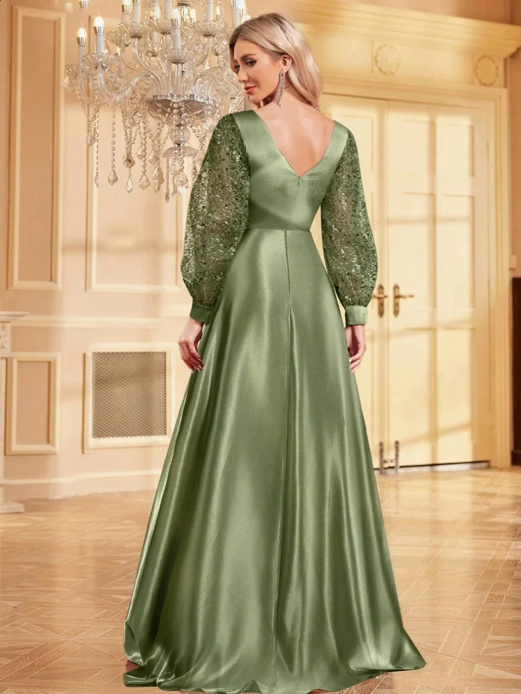 Blue VNeck Sequin Evening Dress Elegant Women Party Maxi Dress Long Sleeve Cocktail Dress Prom Gown 250919BJ - view 3
