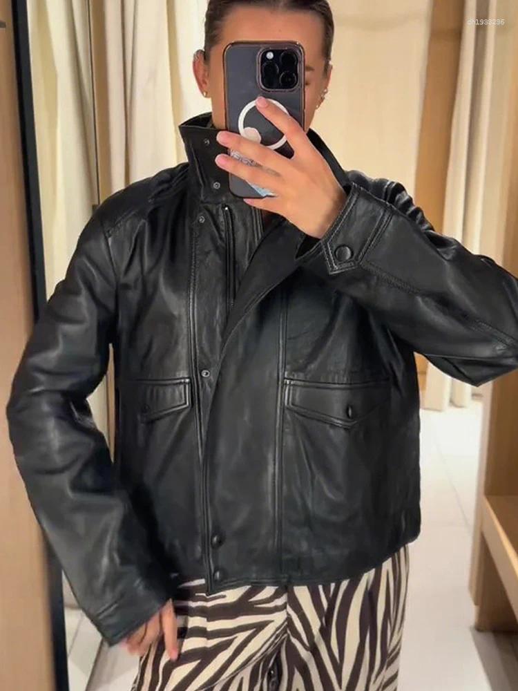Women's Jackets Fashion Stand Collar Leather Biker Jacket For Women Street Zipper Pockets Motorcycle Coat Lady 2025 Autumn Winter Chic