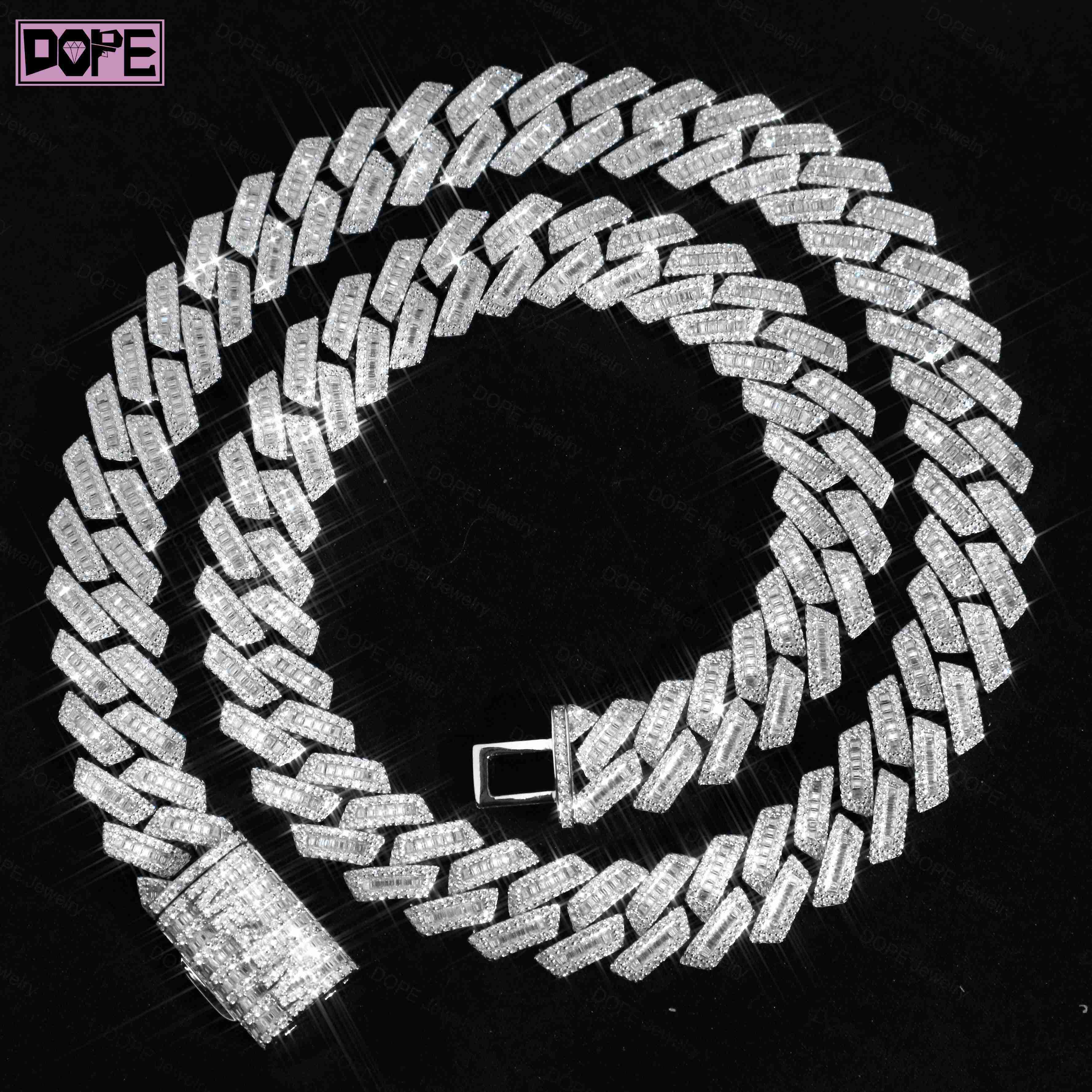 GRA Certified 15mm Moissanite Chain Iced Out Clasp VVS 925 Silver Rhodium Plated Moissanite Cuban Chain