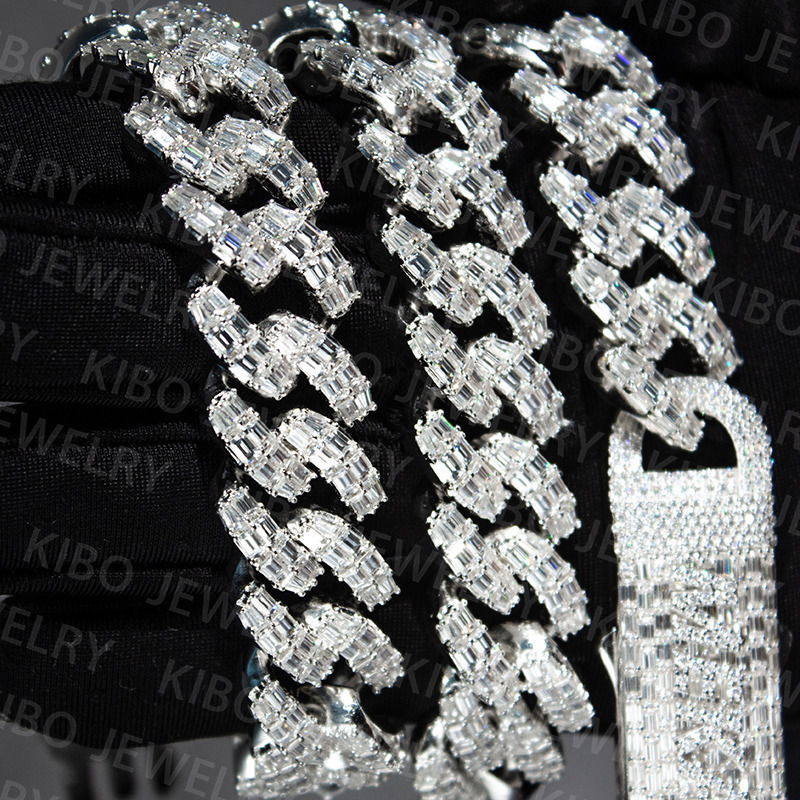 Cuban Link Chain Pass Diamond Tester Hip Hop Customized Trend Clasp 18mm Iced Out Baguette Cut Moissanite Chain 925 Silver Chain for Men