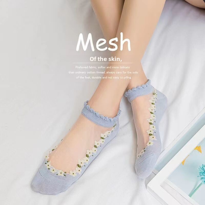 Floral Lace Trim for Women, Summer Thin Glass Silk Crystal Boat Socks, Breathable Sweat-Absorbing Short Socks with Wide Mouth