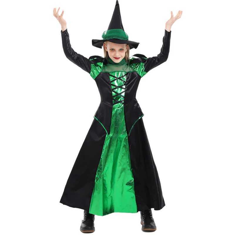 Halloween Girl Magician Green Black Witch Dark Witch Queen Mesh Costume Childrens Day Role Playing Carnival Party Outfit Dress L250918