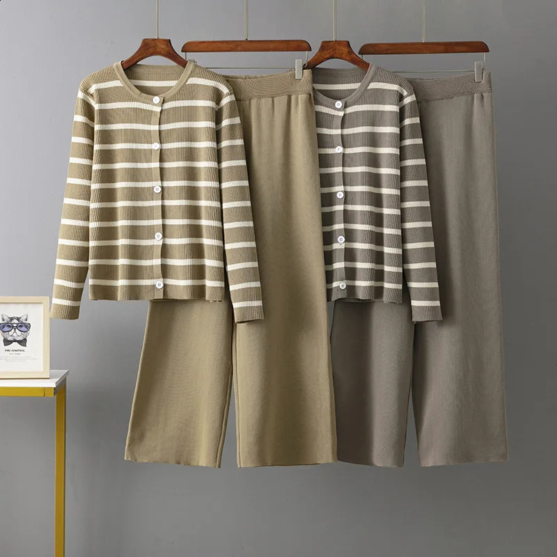 Spring Autumn 2 Piece Women Cardigan Tracksuits Fashion Knitted Pant Set Ladies Sweater Suit Vintage Fashion Ladies 2 Piece Set 250917