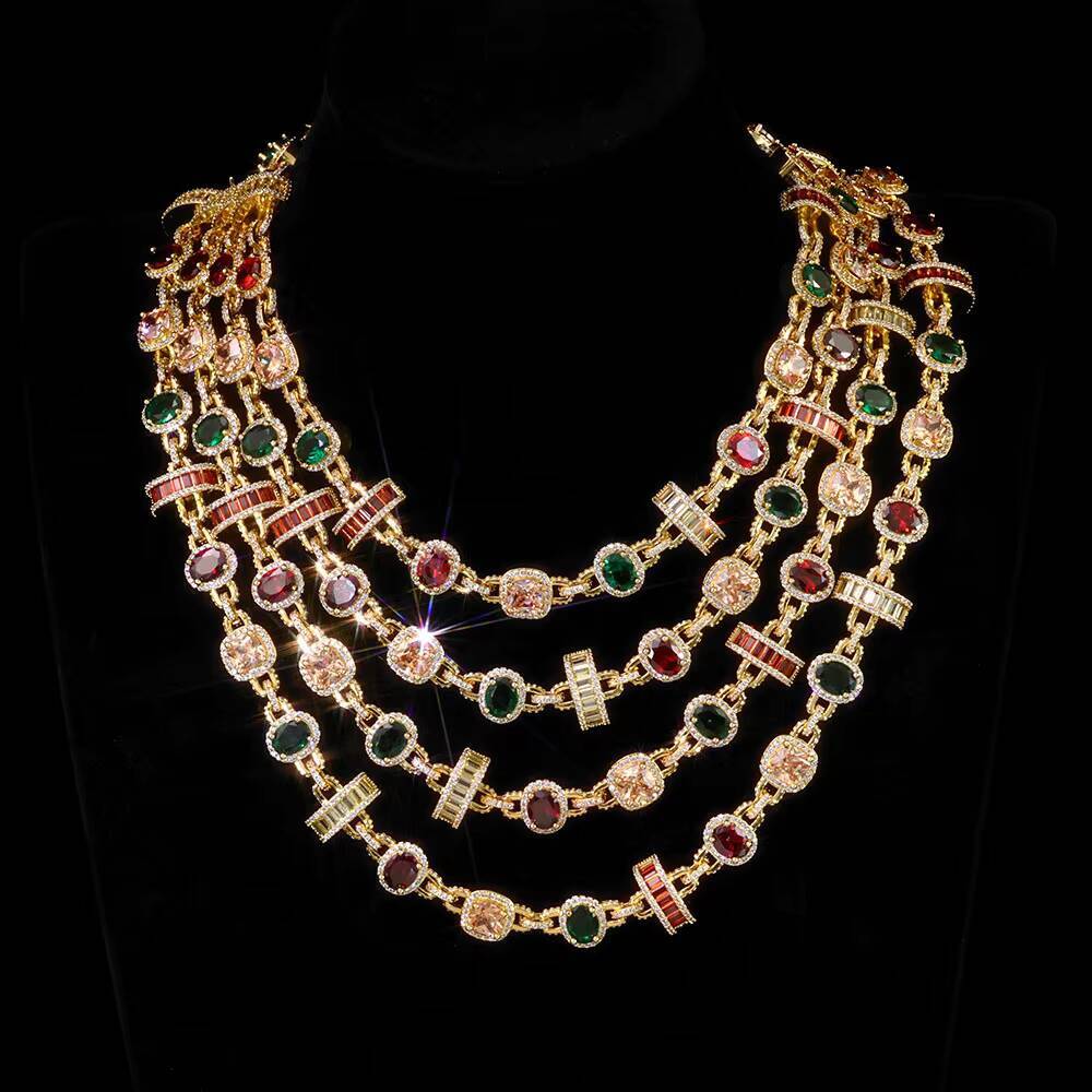 NUOYA Luxury Geometric Design Link Chain Necklace New Arrival Gold Plated Colored Moissanite Stones Hip Hop Fine Jewelry