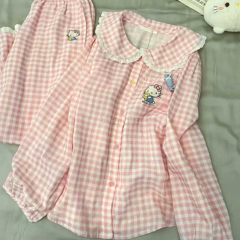 Sanrio Girl Long Sleeve 2Pcs Hello Kitty Cute Pajamas Spring and Autumn Korean Version Cartoon Home Clothing Can Be Worn Outside L250919