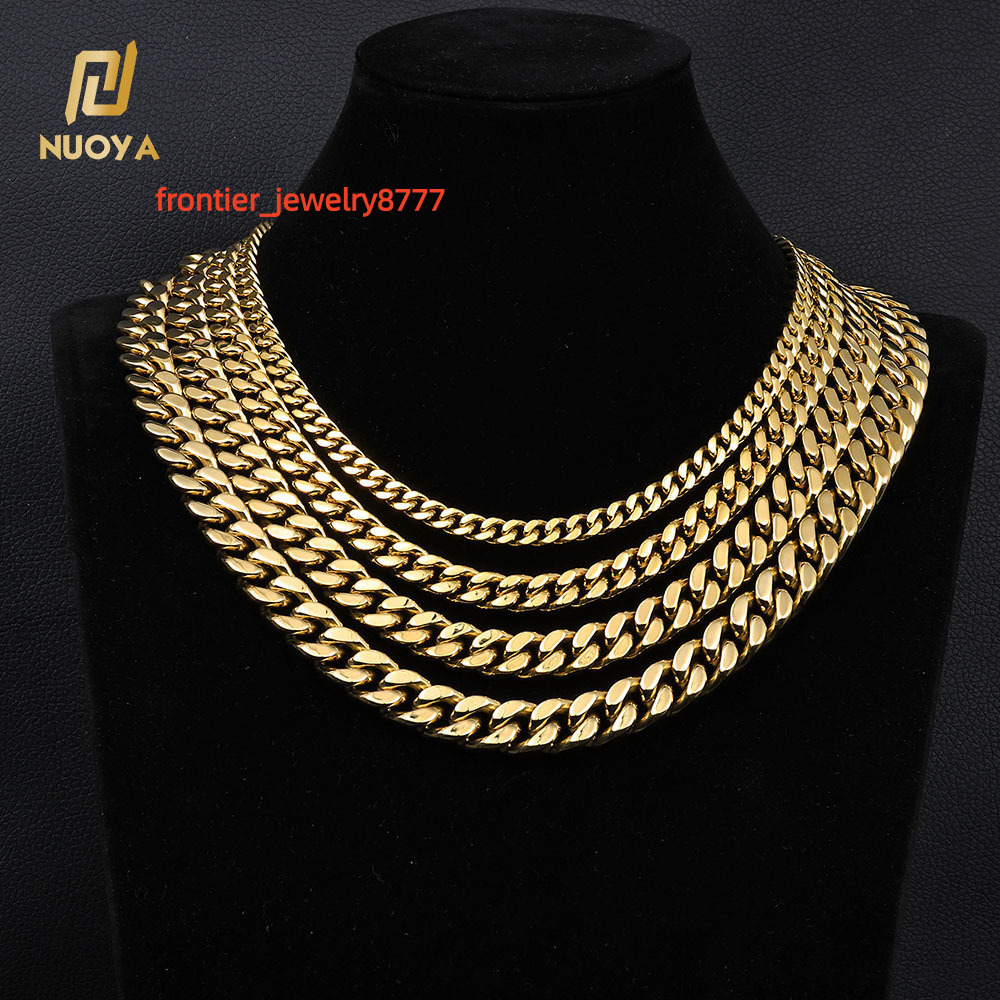 NUOYA 691113mm Stainless Steel Buckle High Polished Cuban Link Chain Iced Out Moissanite Clasp 14K Gold Plated Necklace