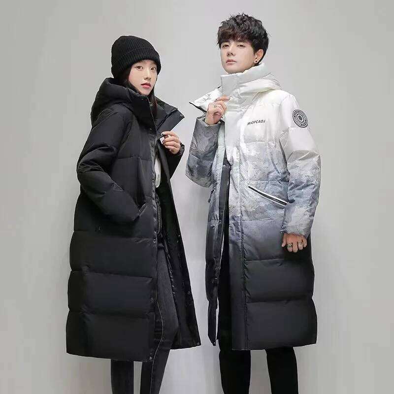 Fashionable Gradient Jacket Man and Woman Thickened Hooded White Duck Down Coat for Couples Winter Knee Length JK-969