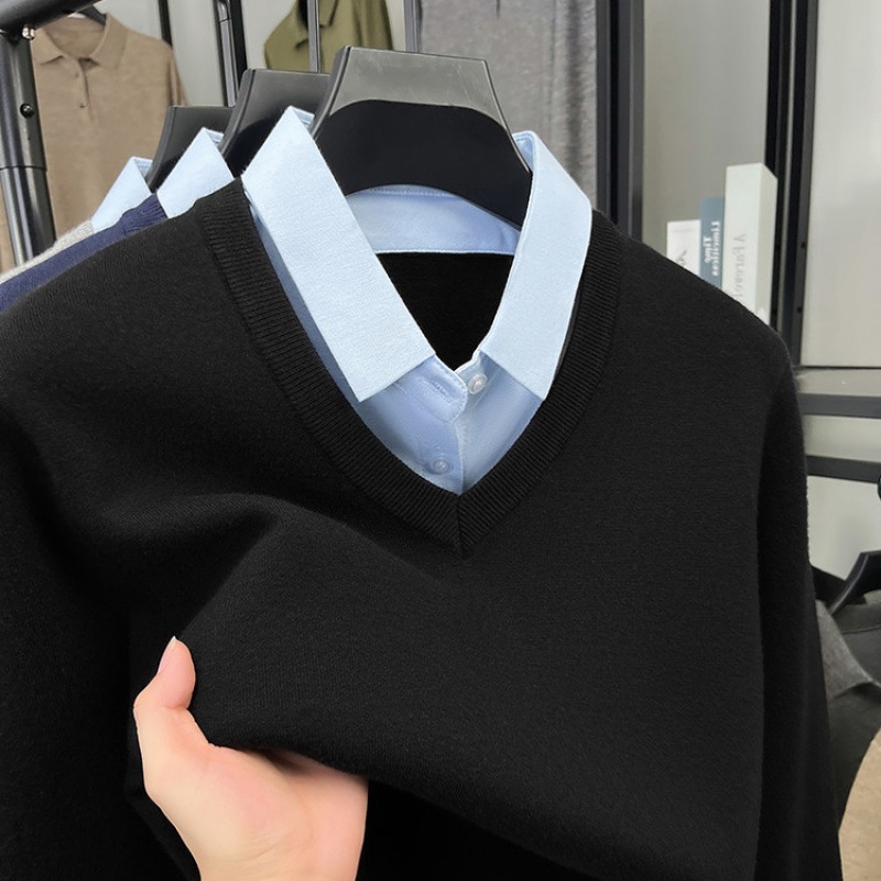 Korean Style Men's Thermal Top, Fake Collar Fleece Lined Pullover, 600g Warm Winter Base Layer No Need Layering