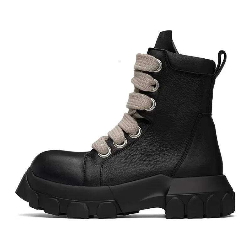 2025 Men's High Top Shoes Platform Sneakers Leather Jumbo Lace Up Chunky Sole Vintage Trendy Designer Black Boots