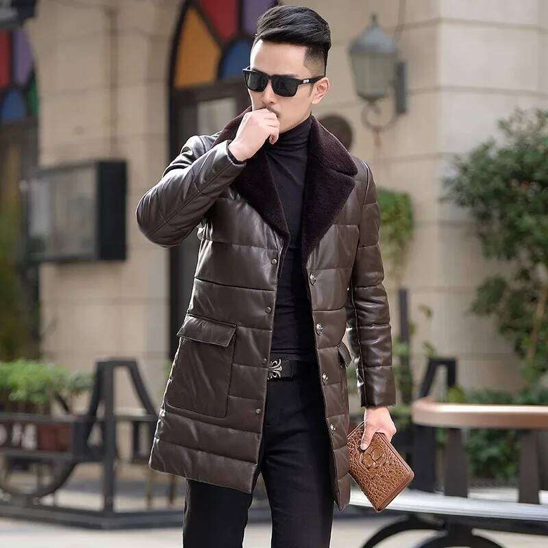 Winter Suit Collar With Veet Mid To Long Leather Jacket Men High Quality Slimming Down Man Composite Sheepskin Coat