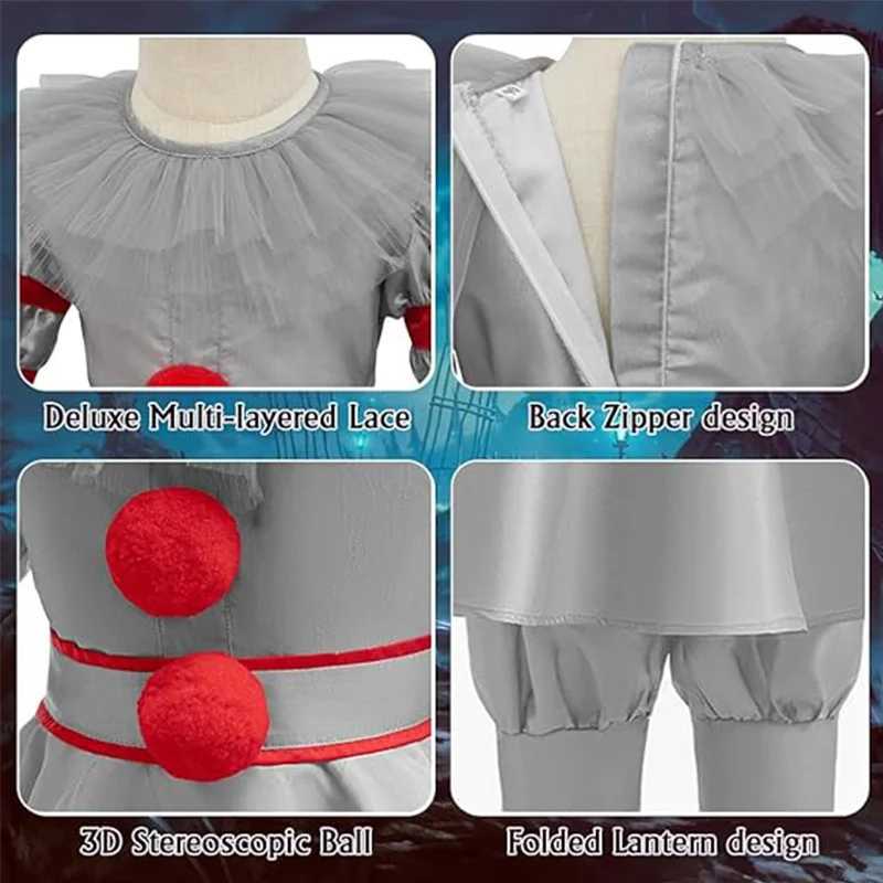 Kids Scary Joker Pennywise Cosplay Costume Horror Ghost Movie It Puff Sleeve Tulle Collar Top With Pants For Halloween Carnival L250918