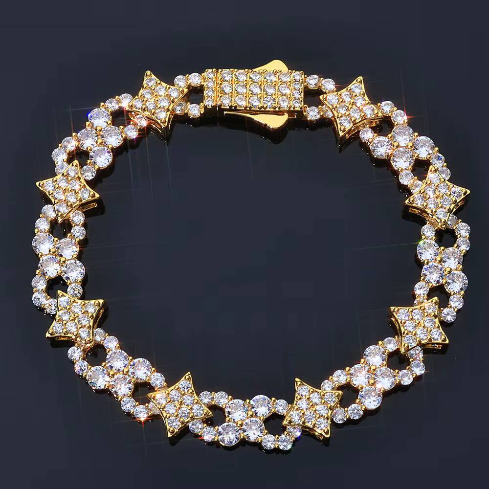 NUOYA Spring Lock Clasp Bracelet Iced Out Moissanite Four Pointed Star Infinity Design Bling Hip Hop Fine Jewelry