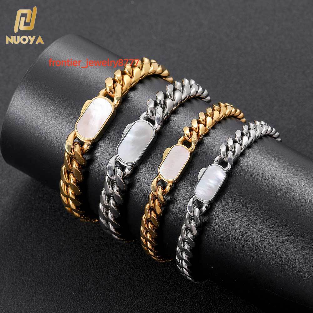 NUOYA Hip Hop Jewelry Men Stainless Steel Bracelet 18K Gold Plated Miami Cuban Chain with Natural Shell Clasp Cuban Bracelet