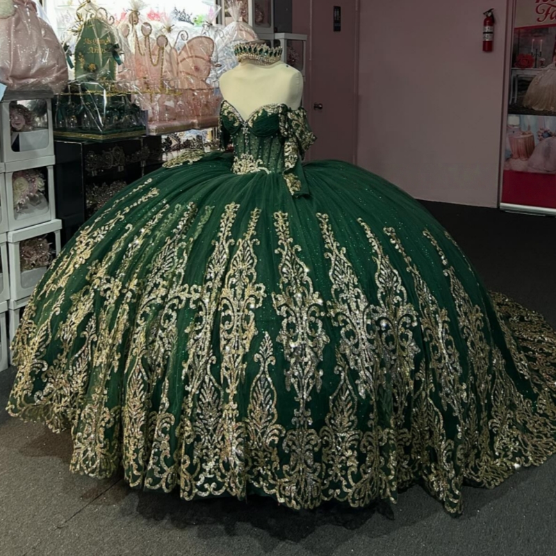 Black Green Shiny Quinceanera Dresses Off The Shoulder Gold Applique Lace Beads Tull Party Birthday Sweet 16 Dress Vestidos De 15 Anos