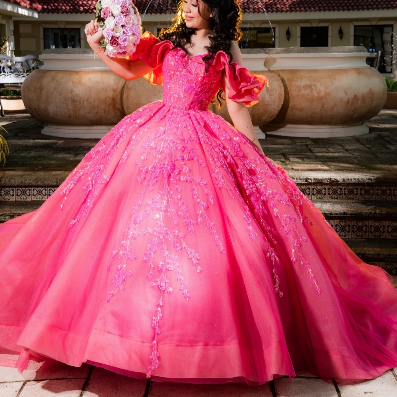 Rose Red Shiny Quinceanera Dresses Off The Shoulder Applique Lace Beads Tull Party Birthday Sweet 16 Dress Vestidos De 15 Anos
