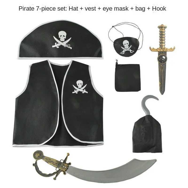Kids Pirate Costume Black Vest with Eyeshade Hat Pirate Hook and Bag Set for Children Boy Halloween Theme Party Cosplay Dress Up L250918