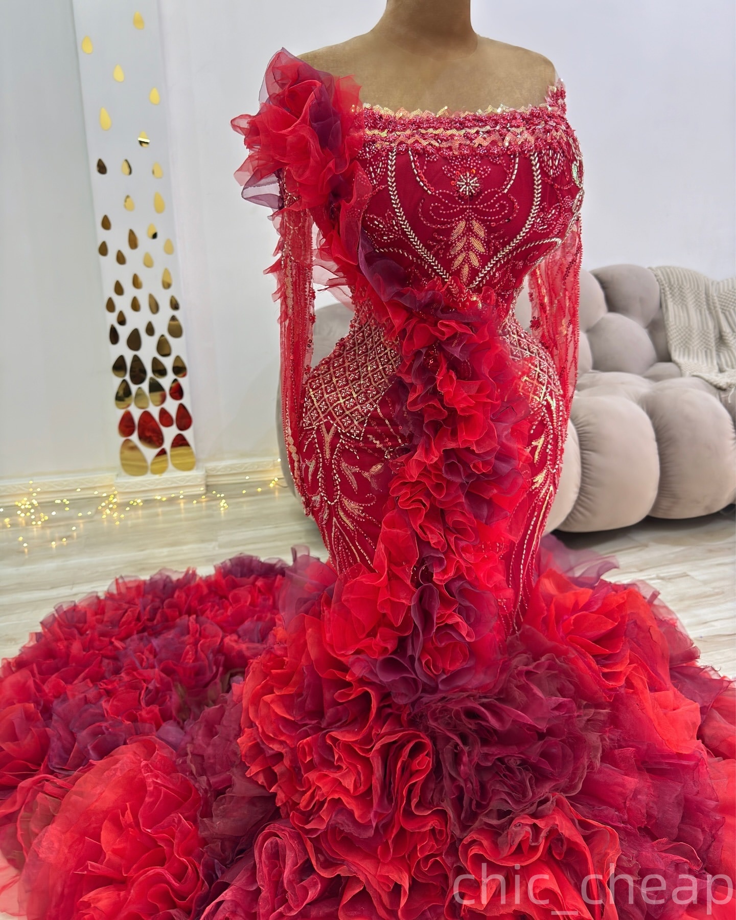 Mermaid Red Prom Dresses 2025 Flowers Beaded Lace Sheer Neck Evening Formal Party Second Birthday Engagement Gowns Plus Size Dress For Special Occasio